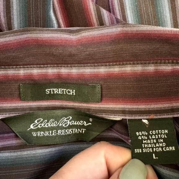 Eddie Bauer Shirt Wrinkle Resistant Size L Striped Red Green Button Front - Picture 8 of 10